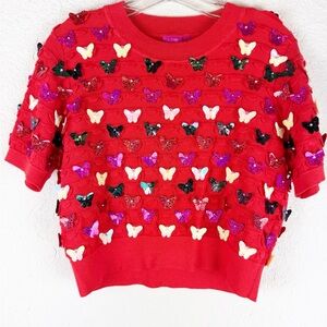 Queen of Sparkles Red Knit Sequin Butterfly Short Sleeve Top XS